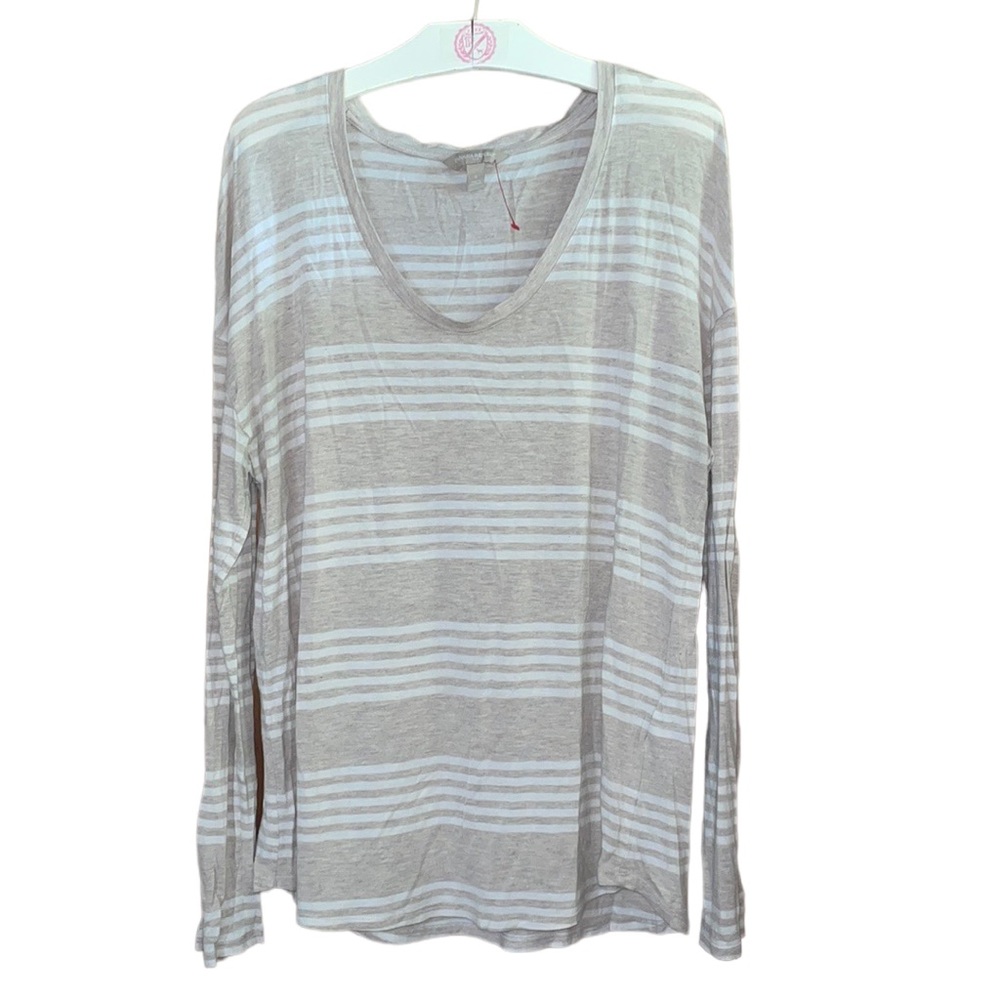 •BANANA REPUBLIC•OATMEAL/WHITE STRIPED/FLOWY LIGHTWEIGHT SCOOPNECK TOP- SMALL